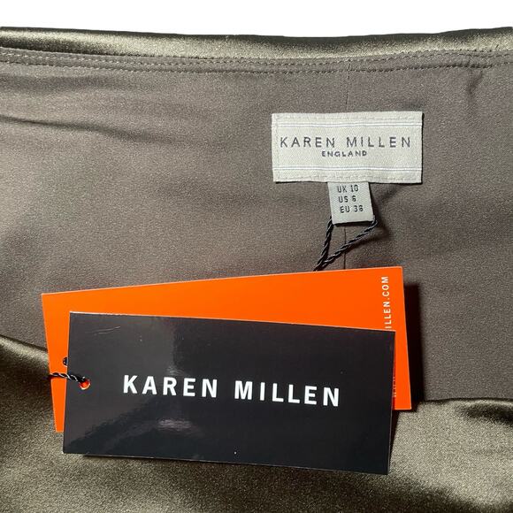 NEW Karen Millen Silk Off Shoulder Mini Dress Metallic Khaki Green - US Size 6 - Picture 3 of 11